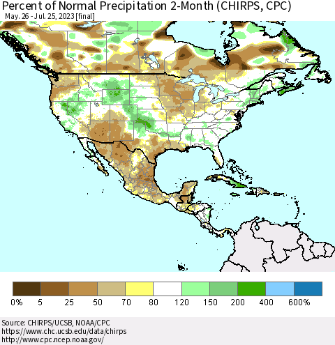 North America Percent of Normal Precipitation 2-Month (CHIRPS) Thematic Map For 5/26/2023 - 7/25/2023