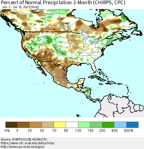 North America Percent of Normal Precipitation 2-Month (CHIRPS) Thematic Map For 6/1/2023 - 7/31/2023