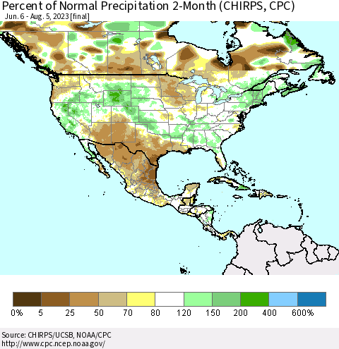 North America Percent of Normal Precipitation 2-Month (CHIRPS) Thematic Map For 6/6/2023 - 8/5/2023