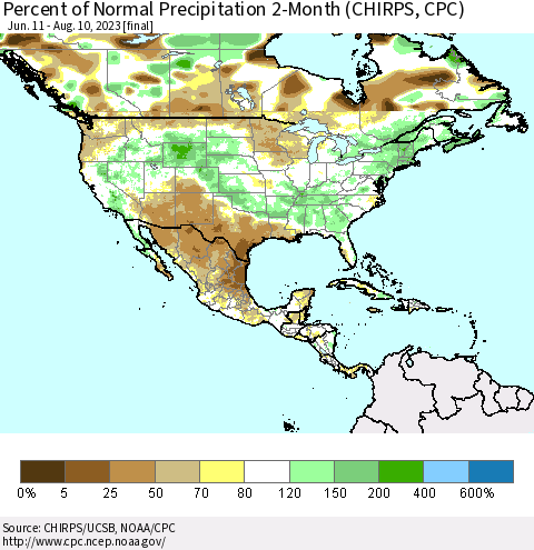 North America Percent of Normal Precipitation 2-Month (CHIRPS) Thematic Map For 6/11/2023 - 8/10/2023