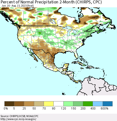 North America Percent of Normal Precipitation 2-Month (CHIRPS) Thematic Map For 6/16/2023 - 8/15/2023