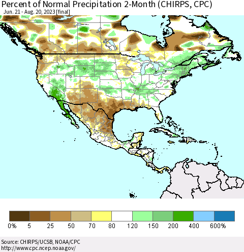 North America Percent of Normal Precipitation 2-Month (CHIRPS) Thematic Map For 6/21/2023 - 8/20/2023