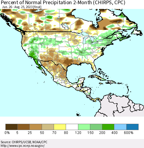 North America Percent of Normal Precipitation 2-Month (CHIRPS) Thematic Map For 6/26/2023 - 8/25/2023