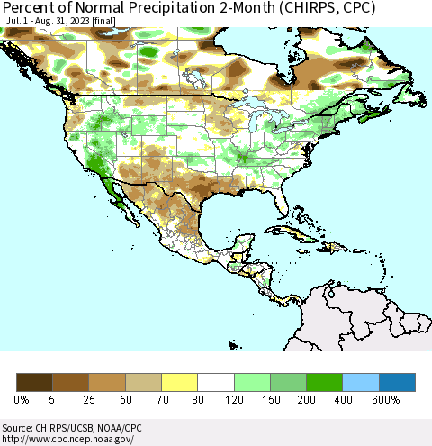 North America Percent of Normal Precipitation 2-Month (CHIRPS) Thematic Map For 7/1/2023 - 8/31/2023
