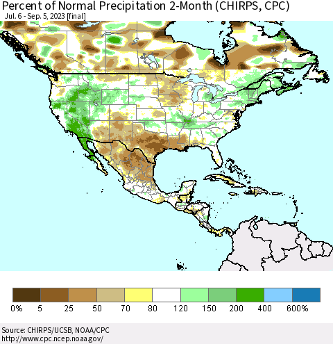 North America Percent of Normal Precipitation 2-Month (CHIRPS) Thematic Map For 7/6/2023 - 9/5/2023