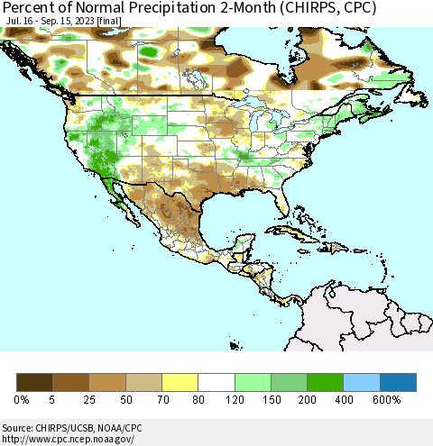 North America Percent of Normal Precipitation 2-Month (CHIRPS) Thematic Map For 7/16/2023 - 9/15/2023