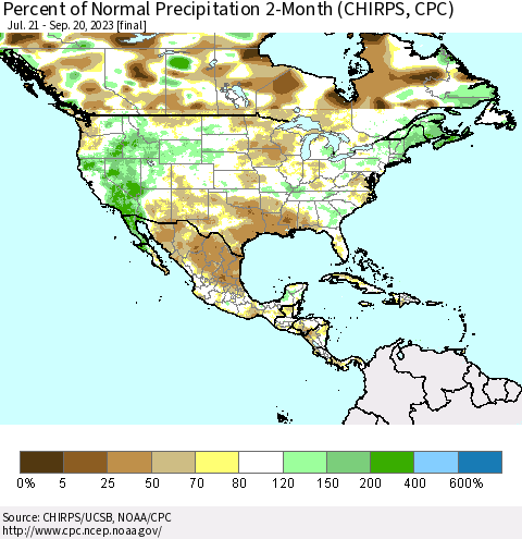 North America Percent of Normal Precipitation 2-Month (CHIRPS) Thematic Map For 7/21/2023 - 9/20/2023