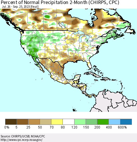 North America Percent of Normal Precipitation 2-Month (CHIRPS) Thematic Map For 7/26/2023 - 9/25/2023