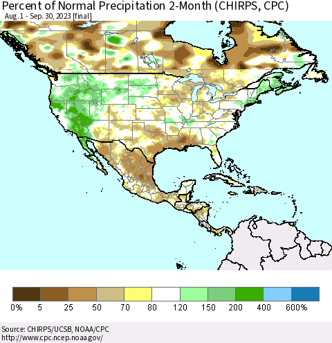 North America Percent of Normal Precipitation 2-Month (CHIRPS) Thematic Map For 8/1/2023 - 9/30/2023