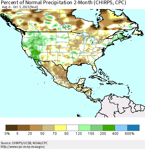 North America Percent of Normal Precipitation 2-Month (CHIRPS) Thematic Map For 8/6/2023 - 10/5/2023