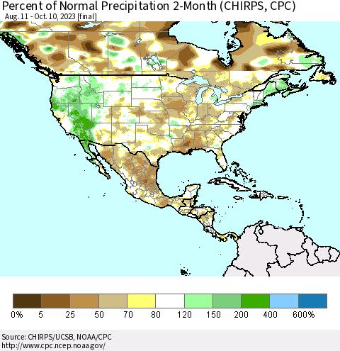 North America Percent of Normal Precipitation 2-Month (CHIRPS) Thematic Map For 8/11/2023 - 10/10/2023