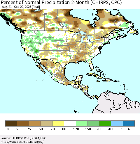 North America Percent of Normal Precipitation 2-Month (CHIRPS) Thematic Map For 8/21/2023 - 10/20/2023