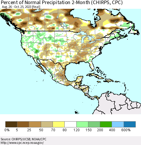 North America Percent of Normal Precipitation 2-Month (CHIRPS) Thematic Map For 8/26/2023 - 10/25/2023