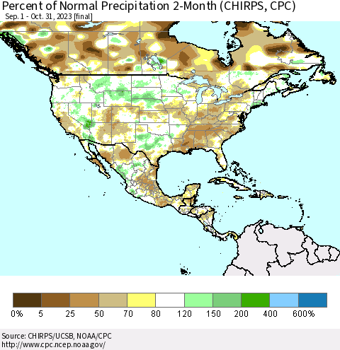 North America Percent of Normal Precipitation 2-Month (CHIRPS) Thematic Map For 9/1/2023 - 10/31/2023