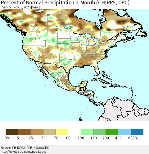North America Percent of Normal Precipitation 2-Month (CHIRPS) Thematic Map For 9/6/2023 - 11/5/2023