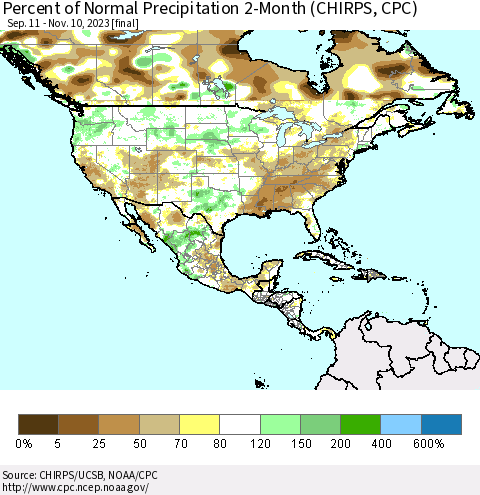 North America Percent of Normal Precipitation 2-Month (CHIRPS) Thematic Map For 9/11/2023 - 11/10/2023