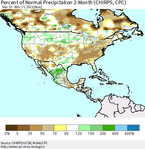 North America Percent of Normal Precipitation 2-Month (CHIRPS) Thematic Map For 9/16/2023 - 11/15/2023