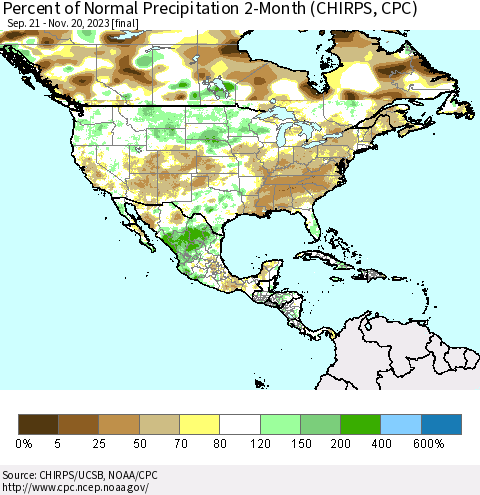 North America Percent of Normal Precipitation 2-Month (CHIRPS) Thematic Map For 9/21/2023 - 11/20/2023