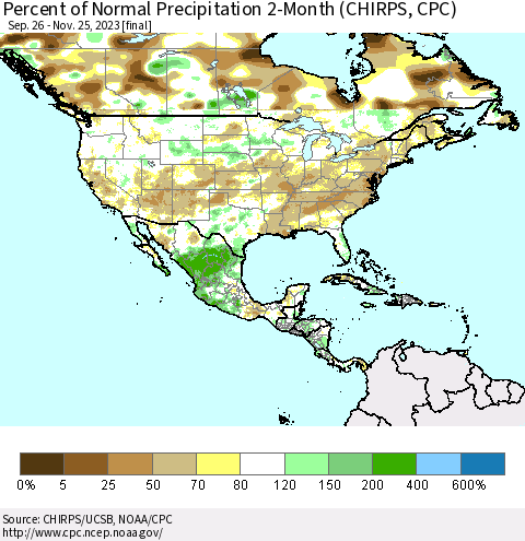 North America Percent of Normal Precipitation 2-Month (CHIRPS) Thematic Map For 9/26/2023 - 11/25/2023