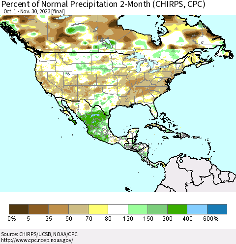 North America Percent of Normal Precipitation 2-Month (CHIRPS) Thematic Map For 10/1/2023 - 11/30/2023