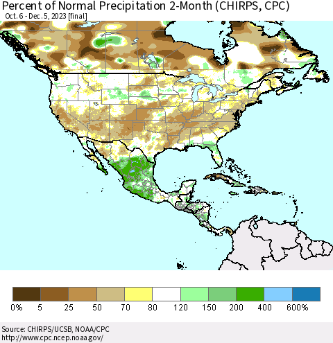 North America Percent of Normal Precipitation 2-Month (CHIRPS) Thematic Map For 10/6/2023 - 12/5/2023