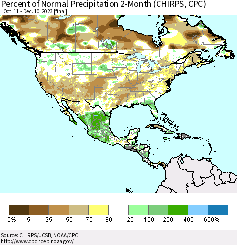 North America Percent of Normal Precipitation 2-Month (CHIRPS) Thematic Map For 10/11/2023 - 12/10/2023