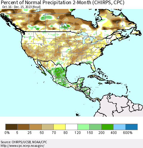 North America Percent of Normal Precipitation 2-Month (CHIRPS) Thematic Map For 10/16/2023 - 12/15/2023