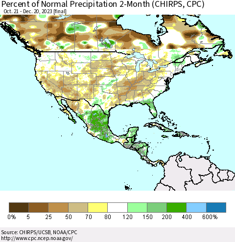 North America Percent of Normal Precipitation 2-Month (CHIRPS) Thematic Map For 10/21/2023 - 12/20/2023