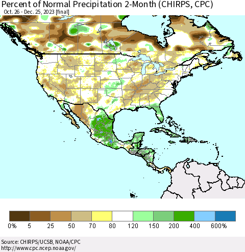 North America Percent of Normal Precipitation 2-Month (CHIRPS) Thematic Map For 10/26/2023 - 12/25/2023