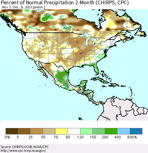 North America Percent of Normal Precipitation 2-Month (CHIRPS) Thematic Map For 11/1/2023 - 12/31/2023