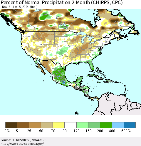 North America Percent of Normal Precipitation 2-Month (CHIRPS) Thematic Map For 11/6/2023 - 1/5/2024