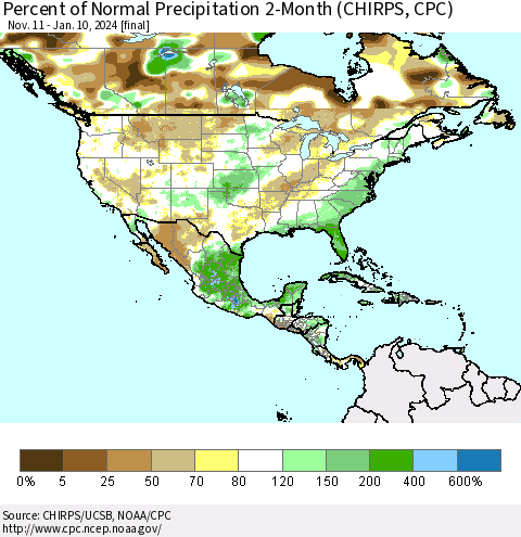 North America Percent of Normal Precipitation 2-Month (CHIRPS) Thematic Map For 11/11/2023 - 1/10/2024