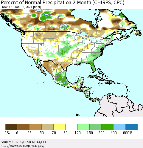 North America Percent of Normal Precipitation 2-Month (CHIRPS) Thematic Map For 11/16/2023 - 1/15/2024