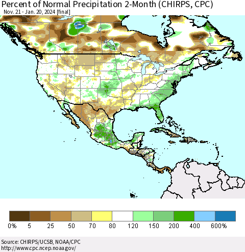 North America Percent of Normal Precipitation 2-Month (CHIRPS) Thematic Map For 11/21/2023 - 1/20/2024