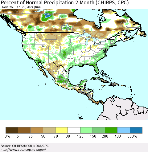 North America Percent of Normal Precipitation 2-Month (CHIRPS) Thematic Map For 11/26/2023 - 1/25/2024