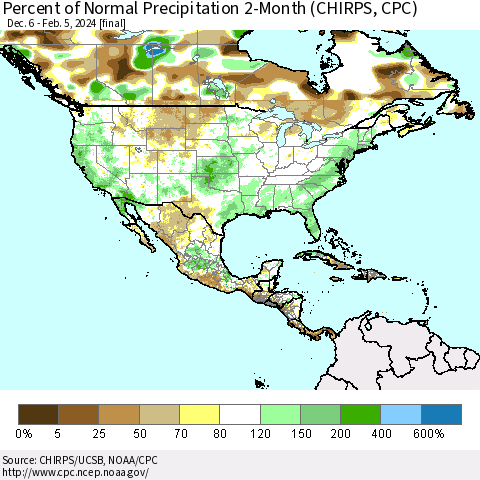 North America Percent of Normal Precipitation 2-Month (CHIRPS) Thematic Map For 12/6/2023 - 2/5/2024