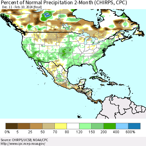 North America Percent of Normal Precipitation 2-Month (CHIRPS) Thematic Map For 12/11/2023 - 2/10/2024