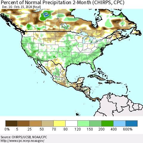 North America Percent of Normal Precipitation 2-Month (CHIRPS) Thematic Map For 12/16/2023 - 2/15/2024
