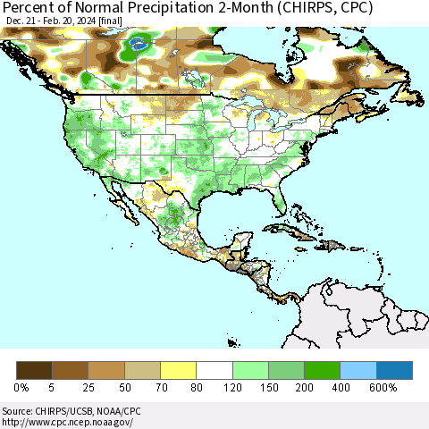 North America Percent of Normal Precipitation 2-Month (CHIRPS) Thematic Map For 12/21/2023 - 2/20/2024