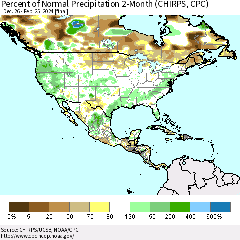 North America Percent of Normal Precipitation 2-Month (CHIRPS) Thematic Map For 12/26/2023 - 2/25/2024