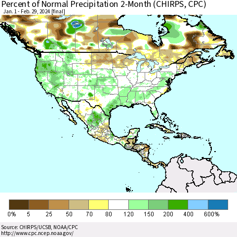 North America Percent of Normal Precipitation 2-Month (CHIRPS) Thematic Map For 1/1/2024 - 2/29/2024