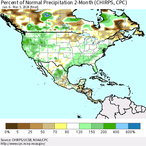 North America Percent of Normal Precipitation 2-Month (CHIRPS) Thematic Map For 1/6/2024 - 3/5/2024