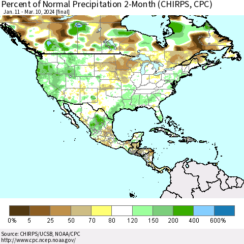 North America Percent of Normal Precipitation 2-Month (CHIRPS) Thematic Map For 1/11/2024 - 3/10/2024