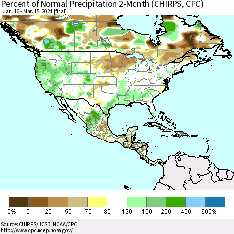 North America Percent of Normal Precipitation 2-Month (CHIRPS) Thematic Map For 1/16/2024 - 3/15/2024