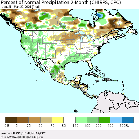 North America Percent of Normal Precipitation 2-Month (CHIRPS) Thematic Map For 1/21/2024 - 3/20/2024