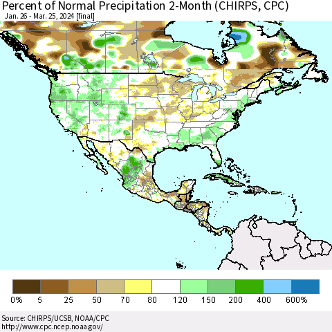 North America Percent of Normal Precipitation 2-Month (CHIRPS) Thematic Map For 1/26/2024 - 3/25/2024
