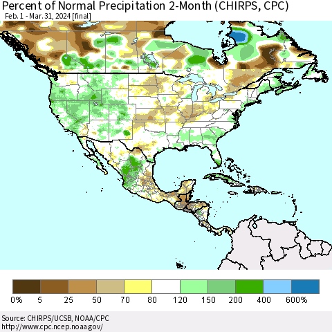 North America Percent of Normal Precipitation 2-Month (CHIRPS) Thematic Map For 2/1/2024 - 3/31/2024