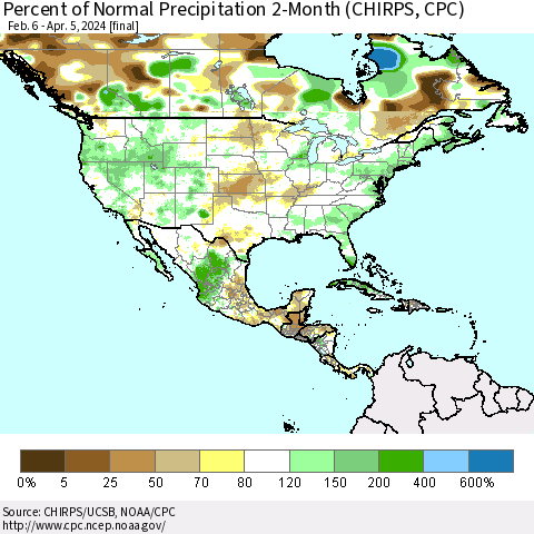 North America Percent of Normal Precipitation 2-Month (CHIRPS) Thematic Map For 2/6/2024 - 4/5/2024