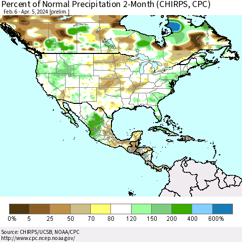 North America Percent of Normal Precipitation 2-Month (CHIRPS) Thematic Map For 2/6/2024 - 4/5/2024
