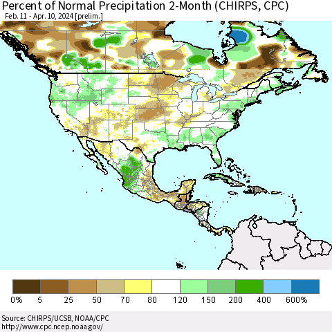 North America Percent of Normal Precipitation 2-Month (CHIRPS) Thematic Map For 2/11/2024 - 4/10/2024
